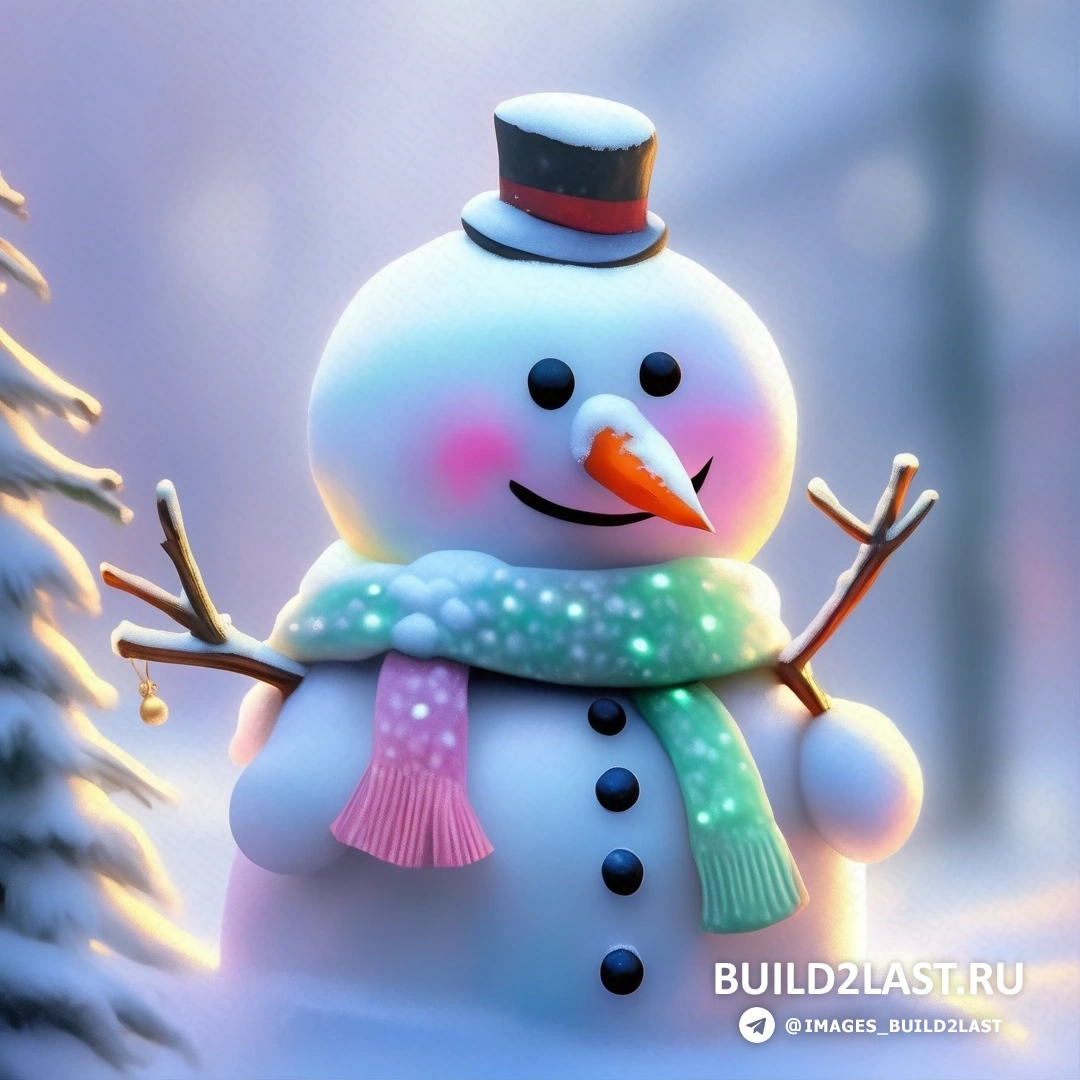снеговик в шапке и шарфе стоит на снегу