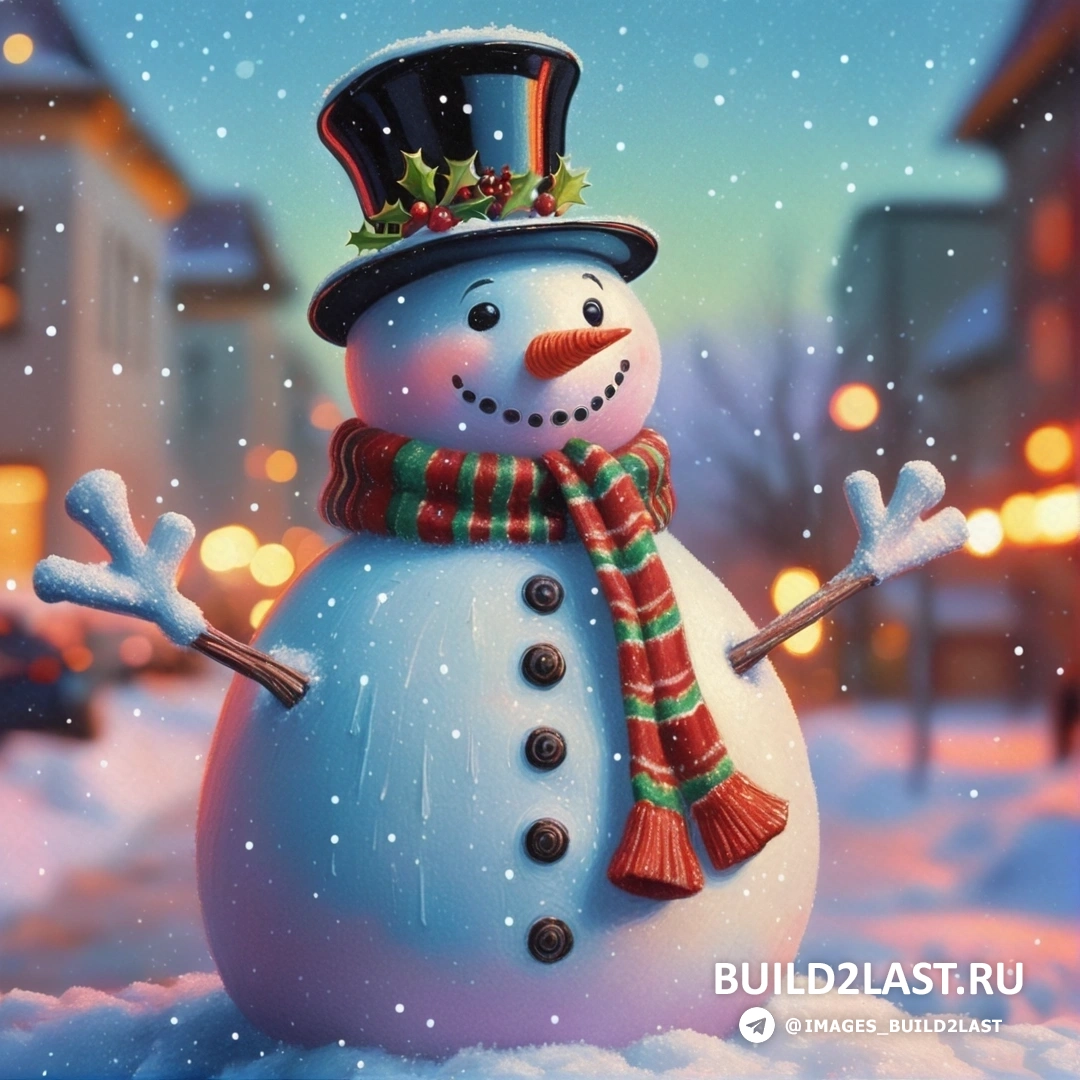 снеговик в шапке и шарфе на снегу с уличным фонарем
