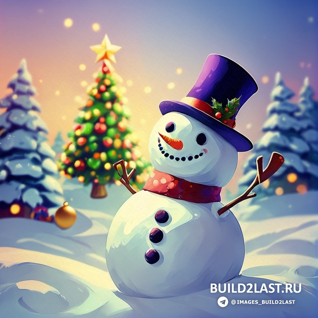 снеговик в шапке и шарфе стоит на снегу с рождественской елкой и звездой наверху