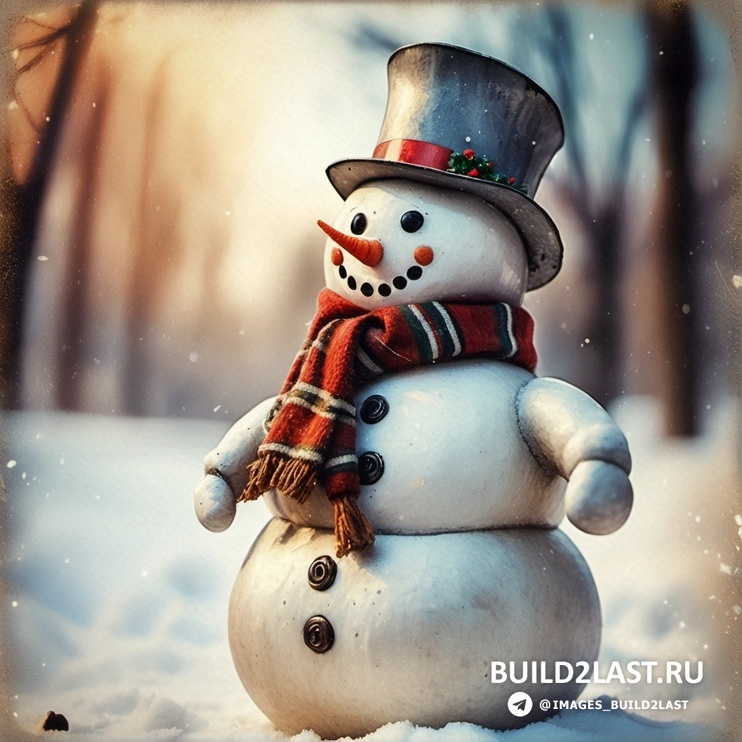 снеговик в шапке и шарфе на снегу с деревьями и падающим снегом