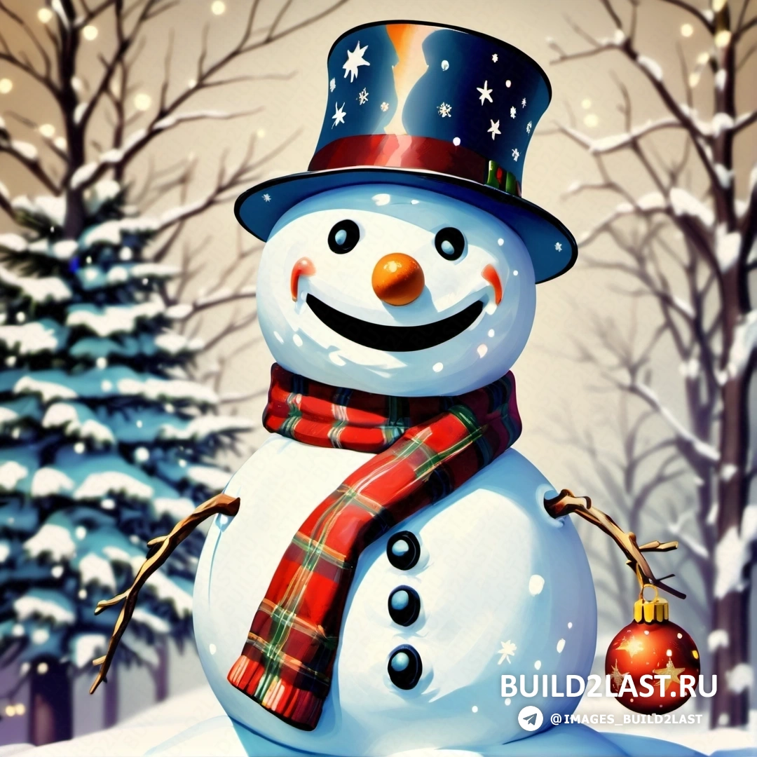снеговик в шапке и шарфе на снегу на фоне рождественской елки