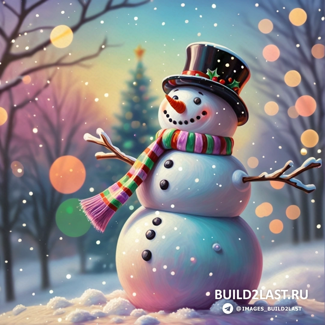снеговик в шапке и шарфе на снегу с рождественской елкой и огнями