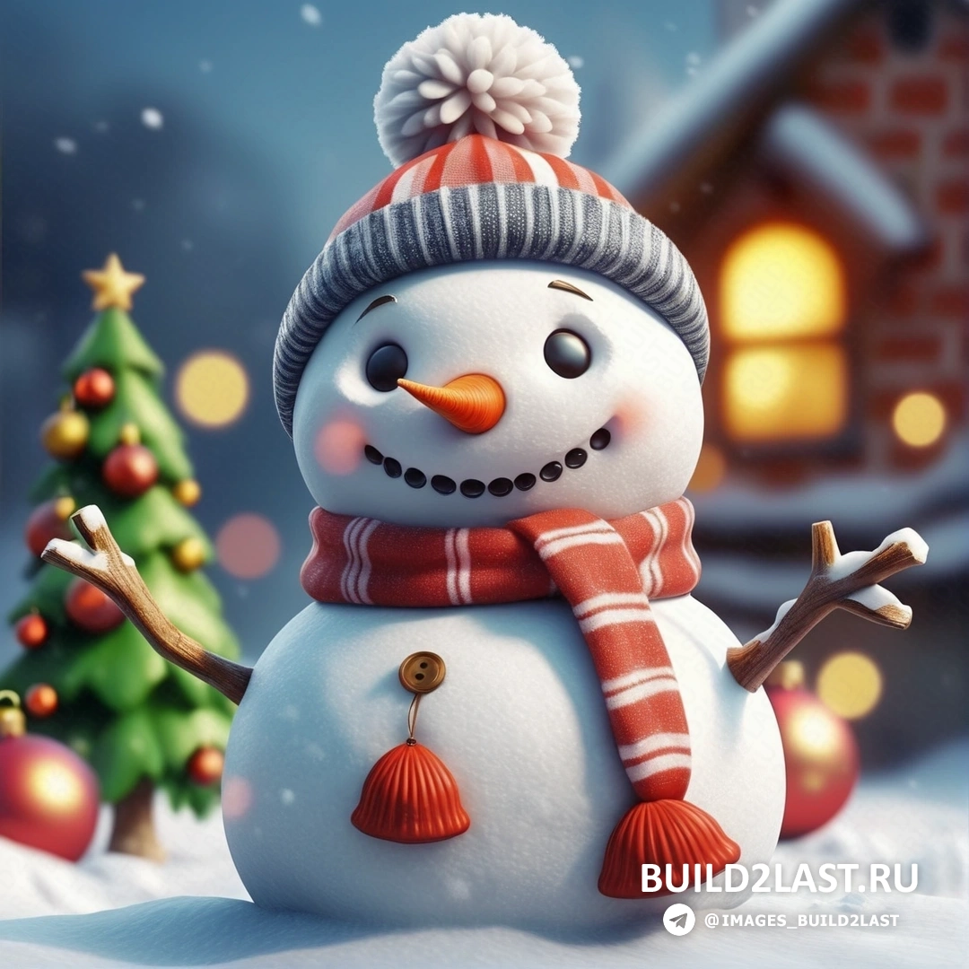 снеговик в шапке и шарфе на снегу с рождественской елкой и домом