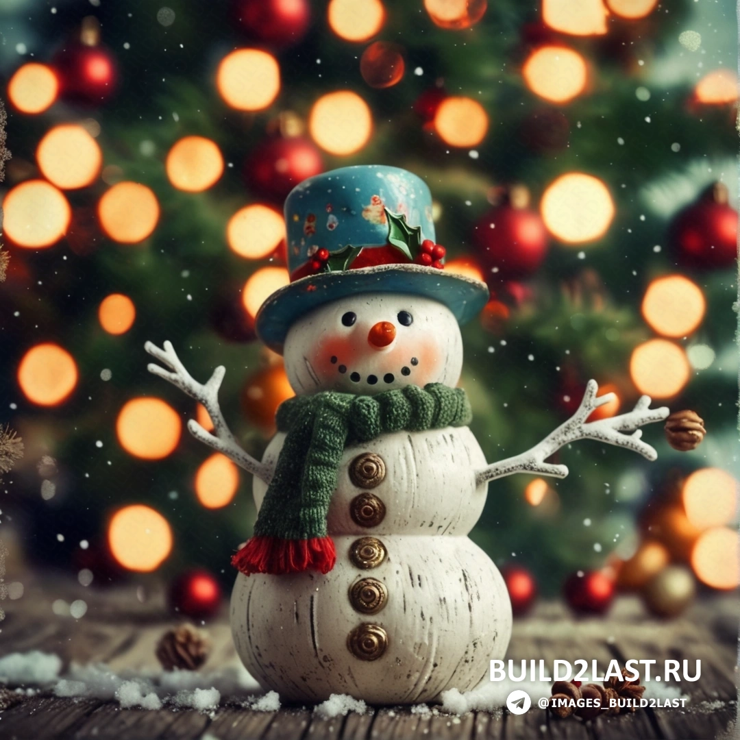 снеговик в шапке и шарфе стоит перед рождественской елкой с огнями и украшениями