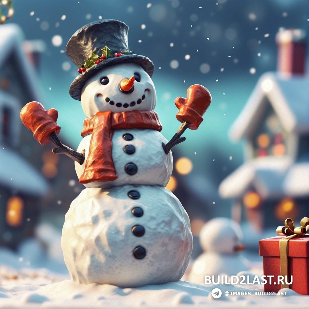 снеговик в шляпе и шарфе держит красную коробку с подарками на снегу на снежном фоне