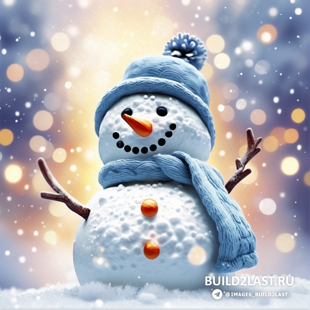 снеговик в синей шапке и шарфе