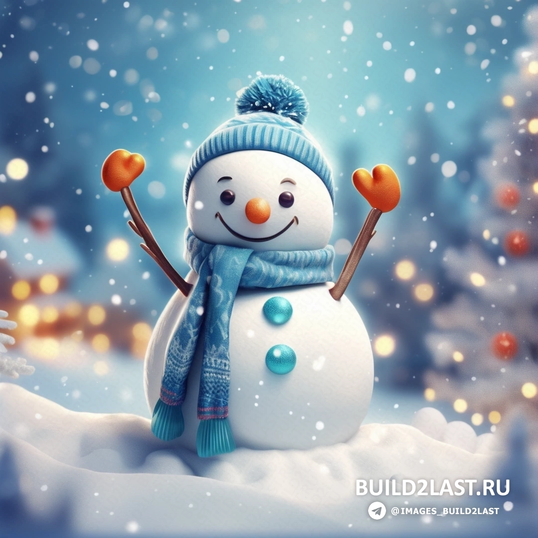 снеговик в синей шапке и шарфе на снегу на фоне рождественской елки