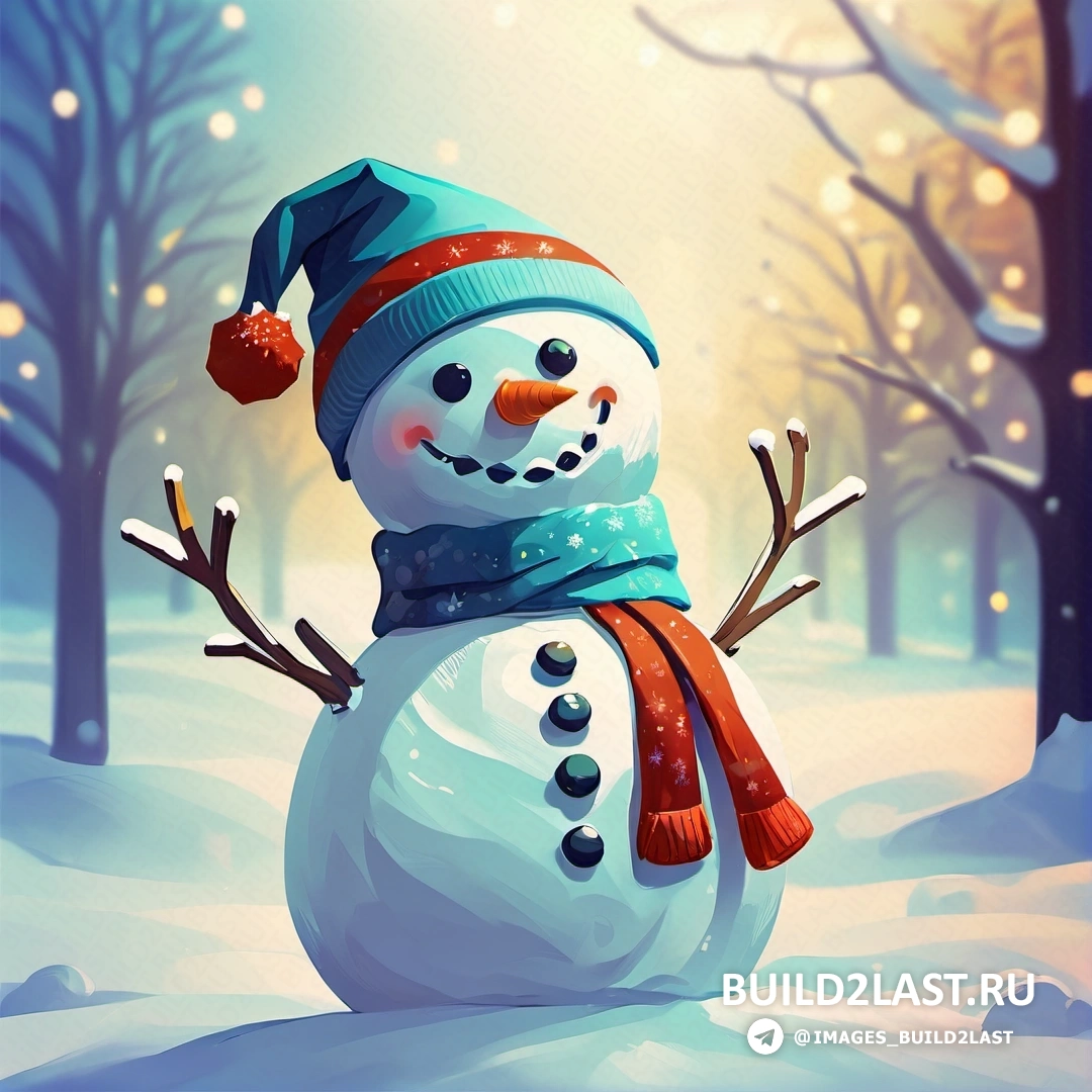снеговик в синей шапке и шарфе на снегу с деревьями и снежинками