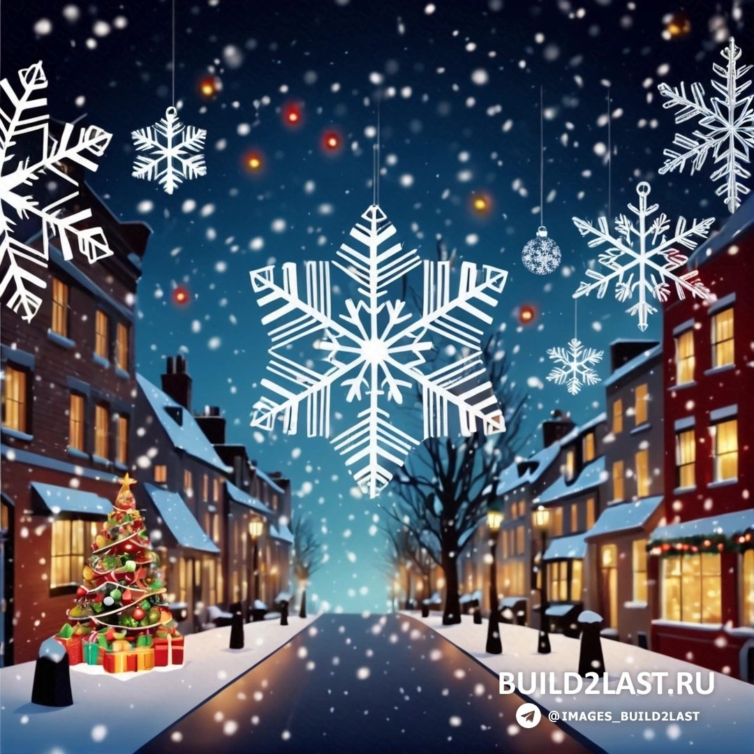 снежинка висит на уличном фонаре в заснеженном городе ночью с рождественской елкой