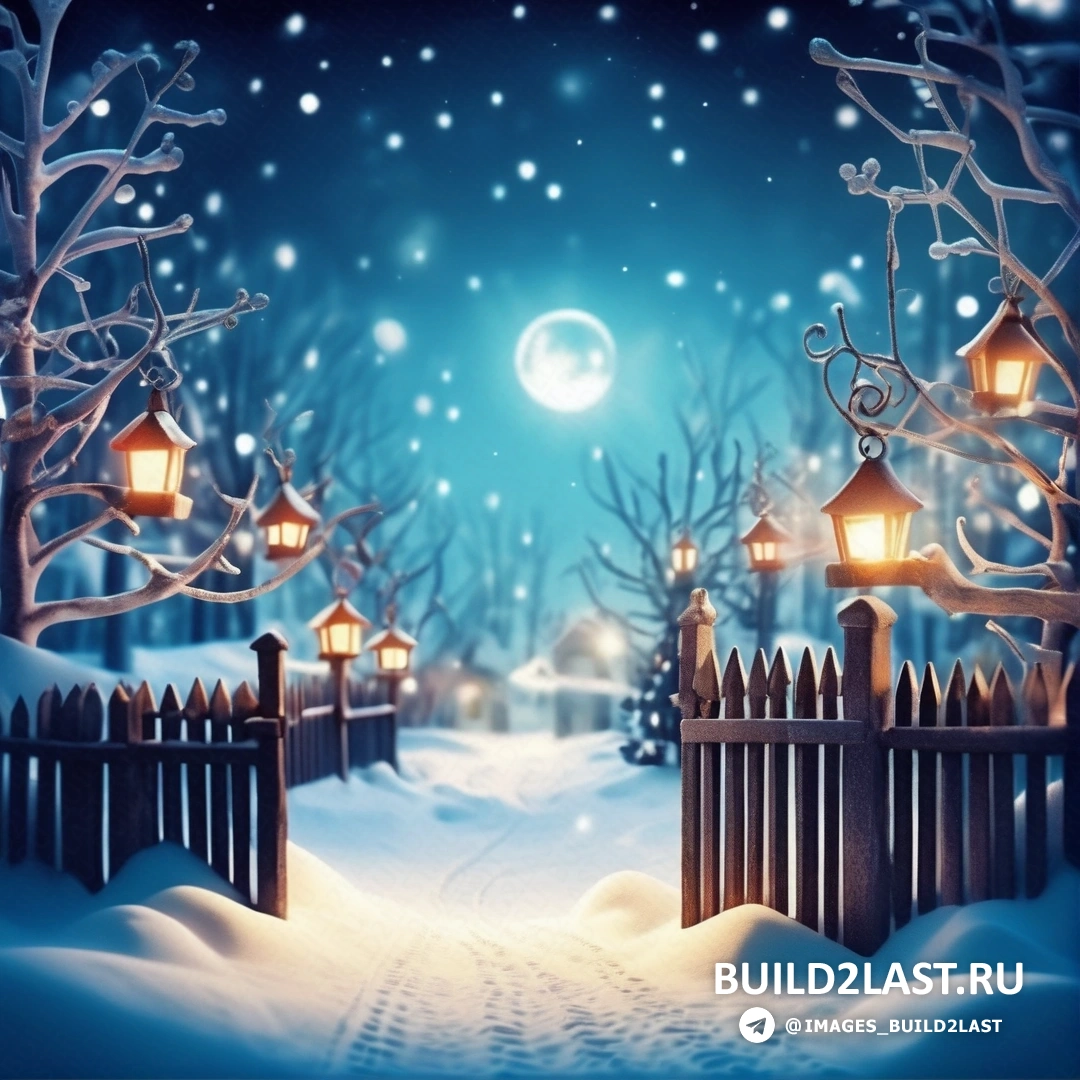 снежная ночь с забором и фонарями на снегу и полная луна в небе 