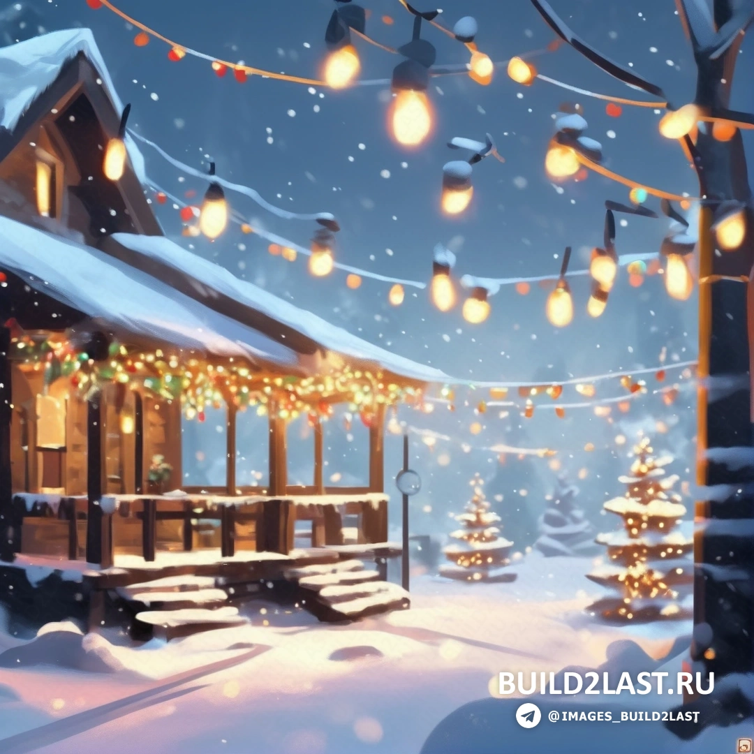 снежная сцена с хижиной и рождественскими гирляндами, свисающими с крыши хижины, и заснеженный двор