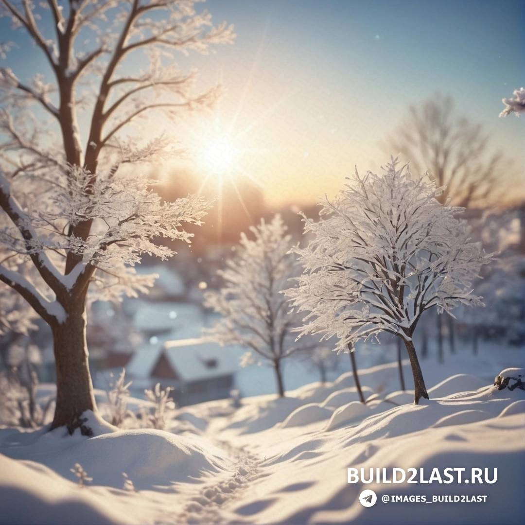 снежный пейзаж с деревом и домом на закате или рассвете при светящем солнце