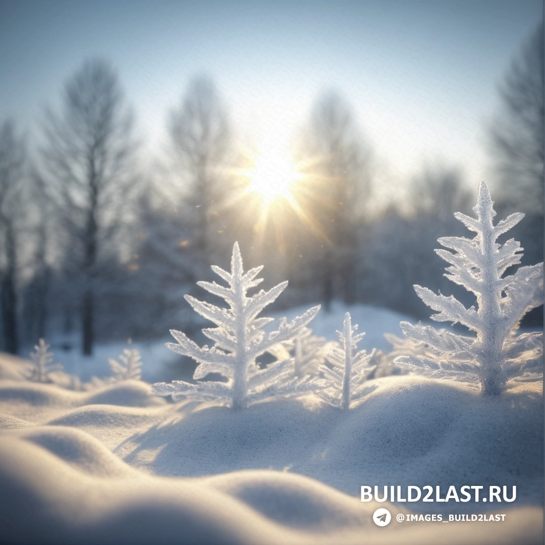 снежный пейзаж с деревьями и солнцем, сияющим сквозь деревья, со снегом на земле