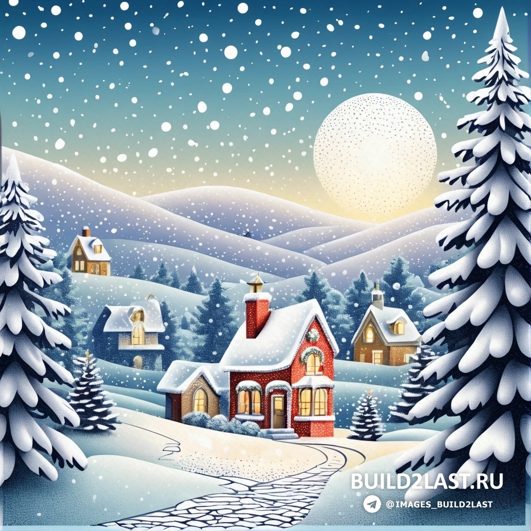 снежный пейзаж с домом и деревьями и полной луной, со снежным пейзажем с тропинкой, ведущей к дому, и заснеженным