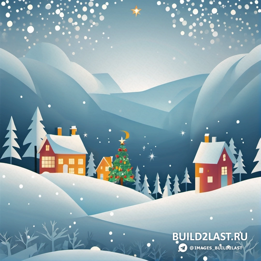 снежный пейзаж с рождественской елкой и домами и звездой в небе наверху