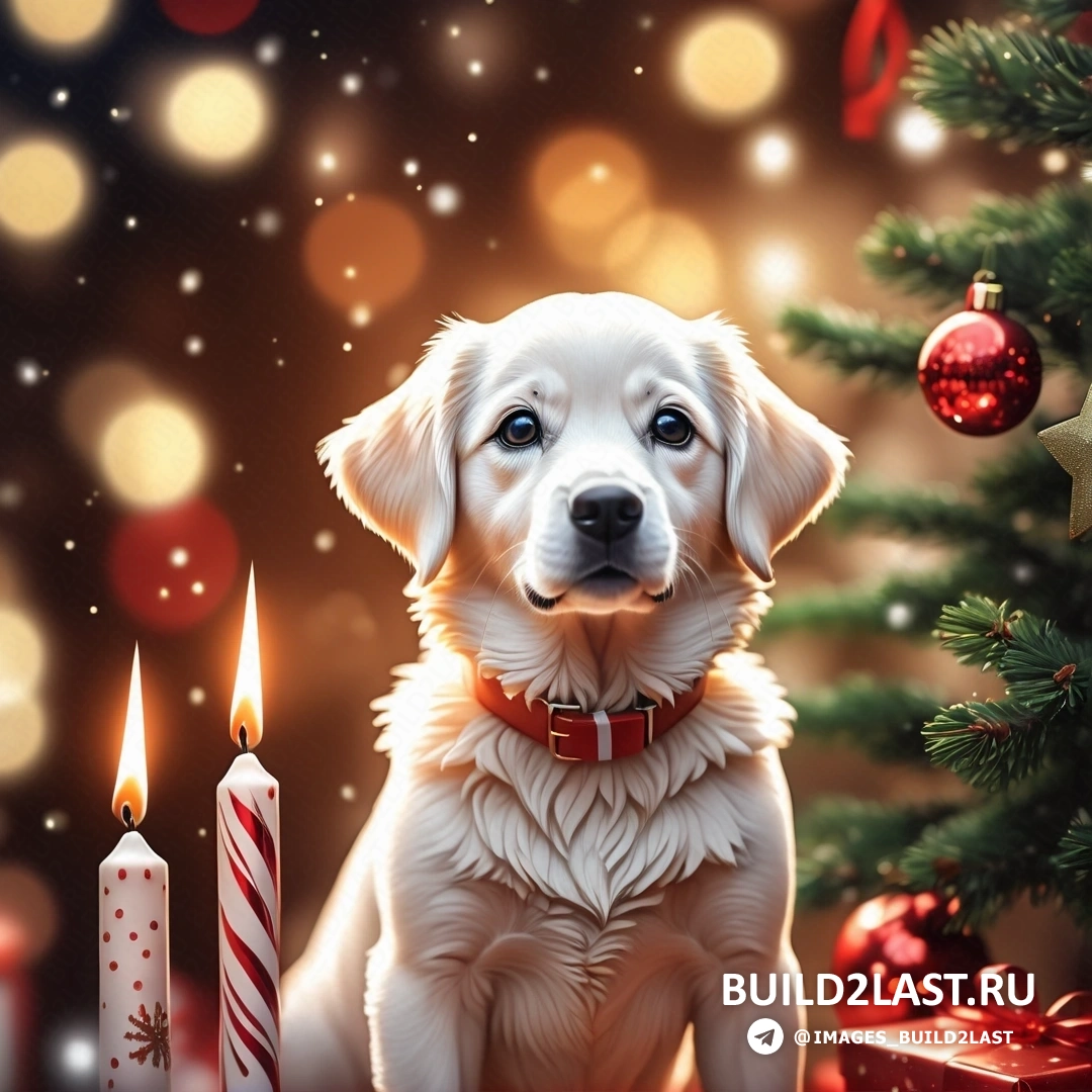 собака рядом с рождественской елкой со свечами