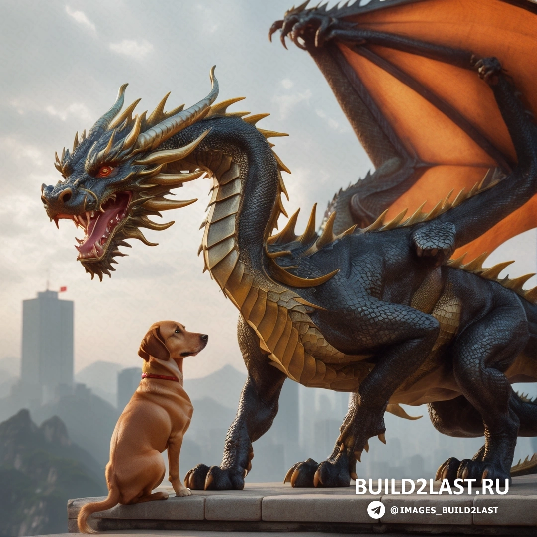 собака рядом со статуей дракона на фоне города