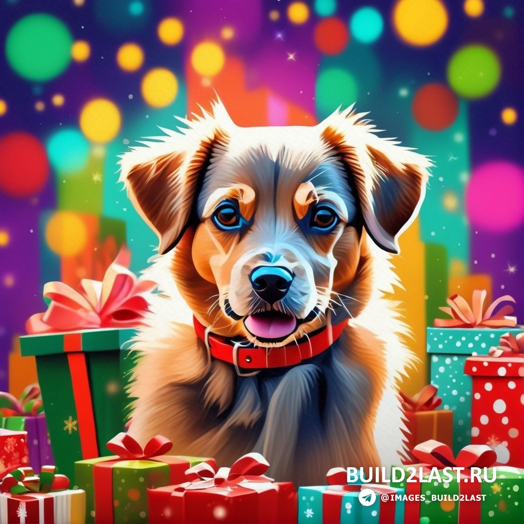 собака с красным ошейником c подарками на фиолетовом фоне