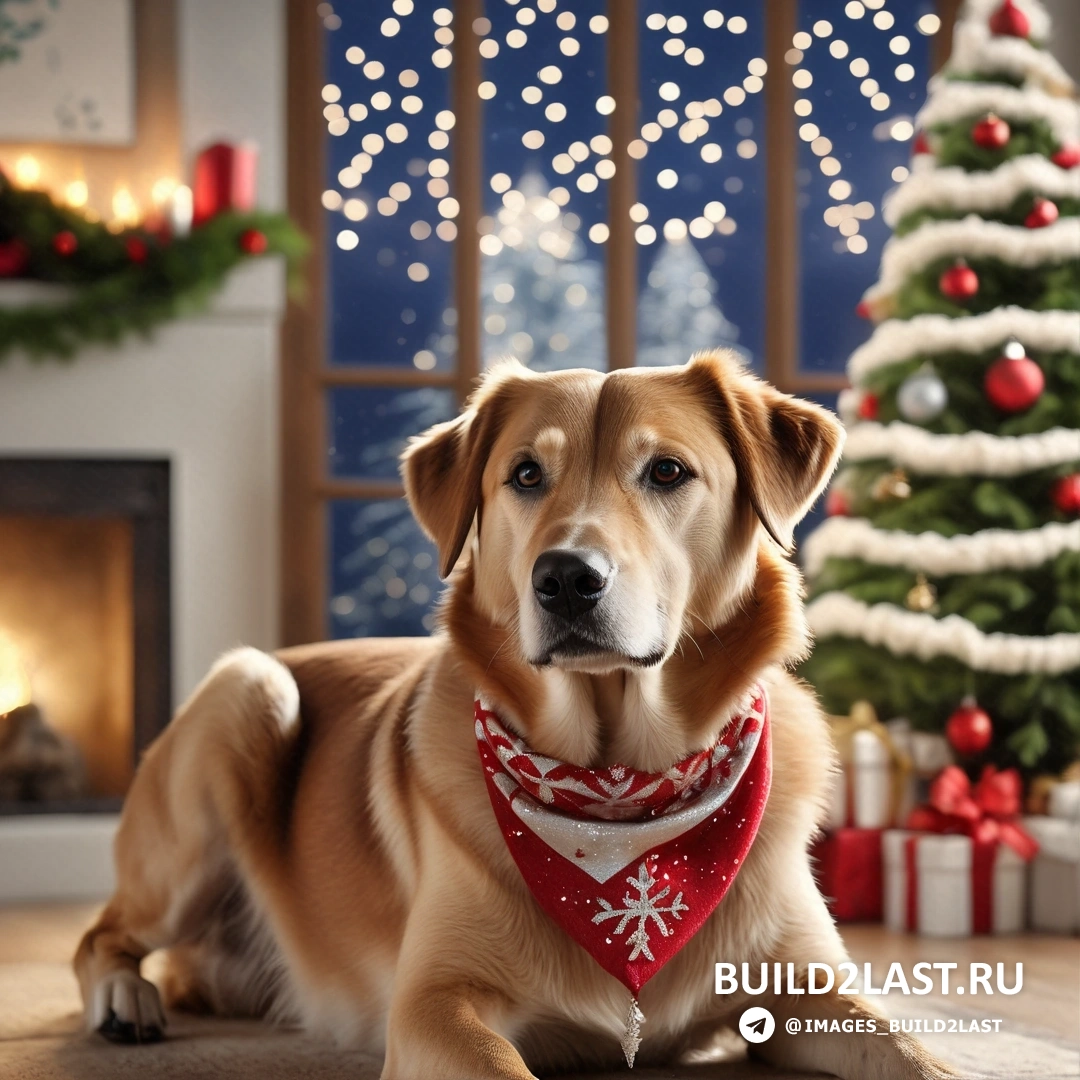 собака в красной бандане перед рождественской елкой на фоне зажженного камина
