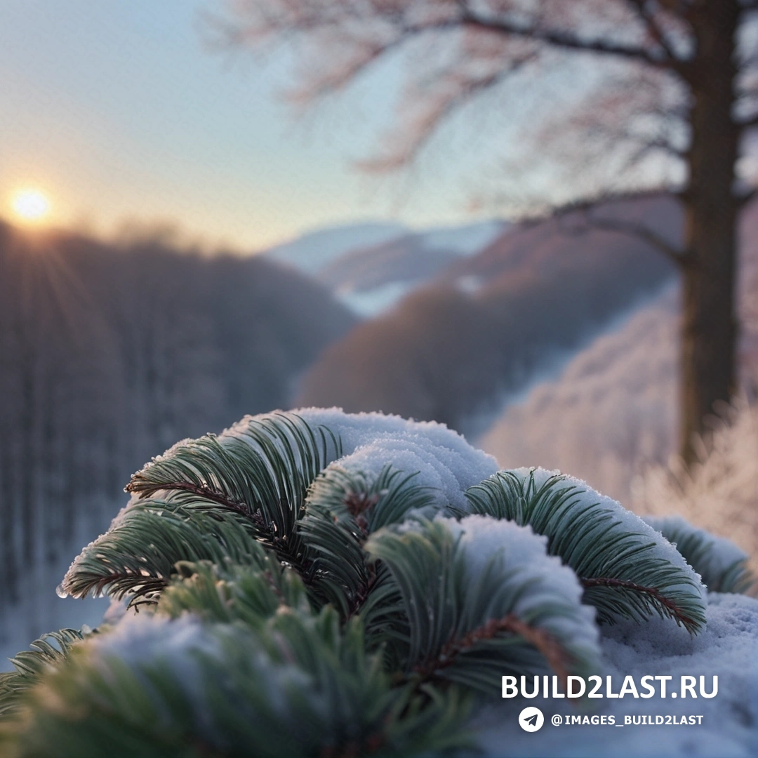 сосна, засыпанная снегом, на фоне солнца и гора вдали с несколькими деревьями