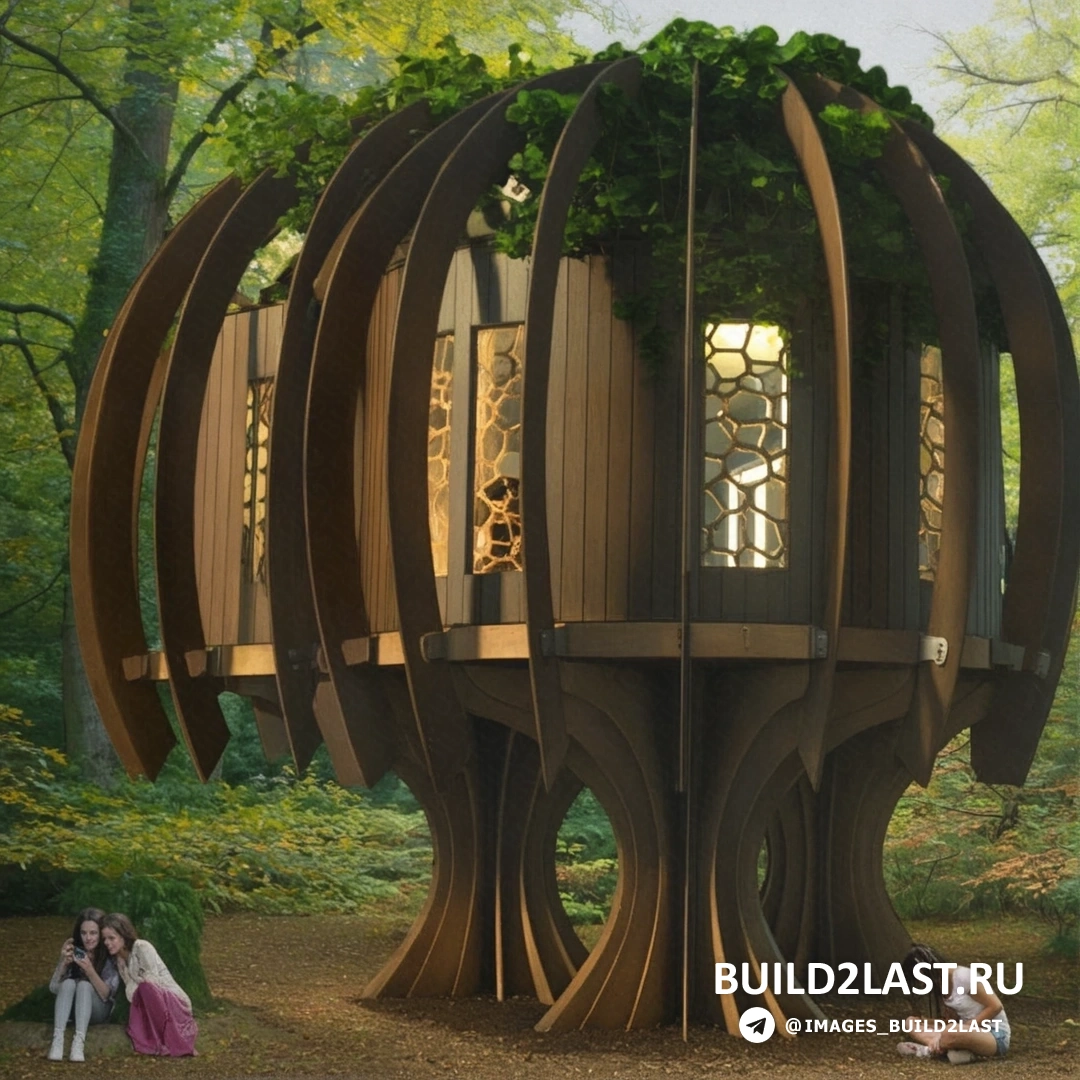 Современный экологический дом на дереве в лесу, с большими окнами и террасой