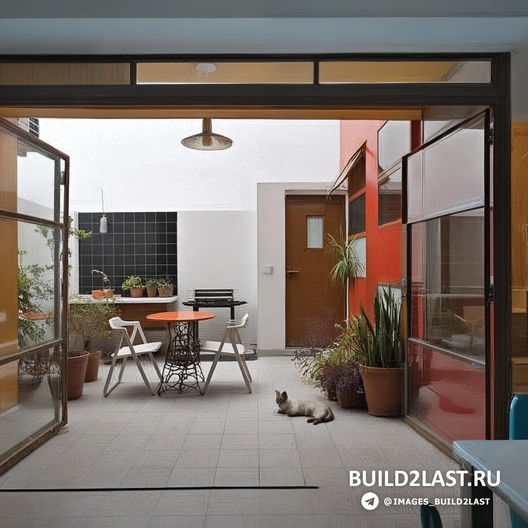 Современный интерьер с открытой кухней и живыми растениями