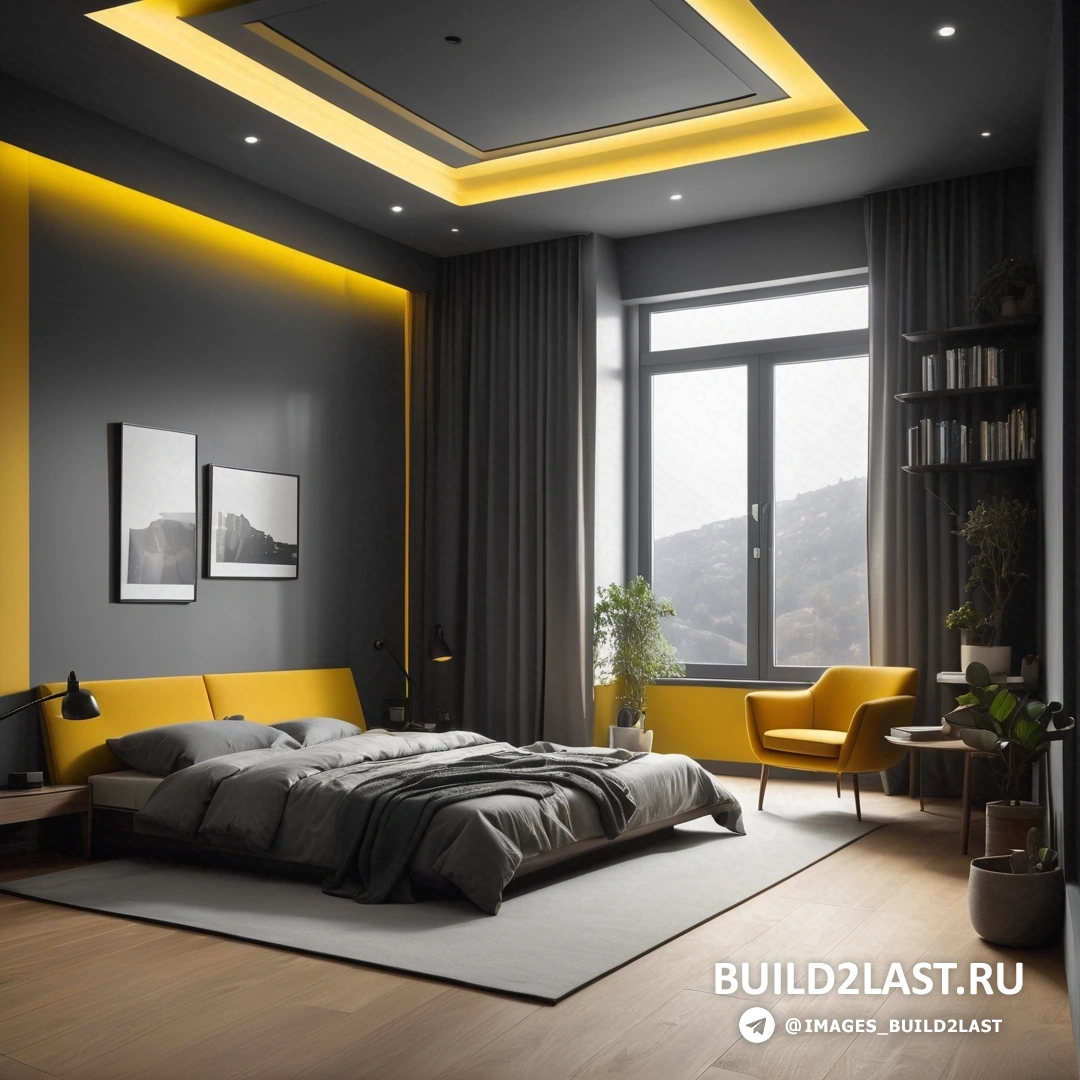 Свет и пространство - 3D рендер. Спальня с большой кроватью и желтым стулом в ней и окном с видом на горы на заднем плане.