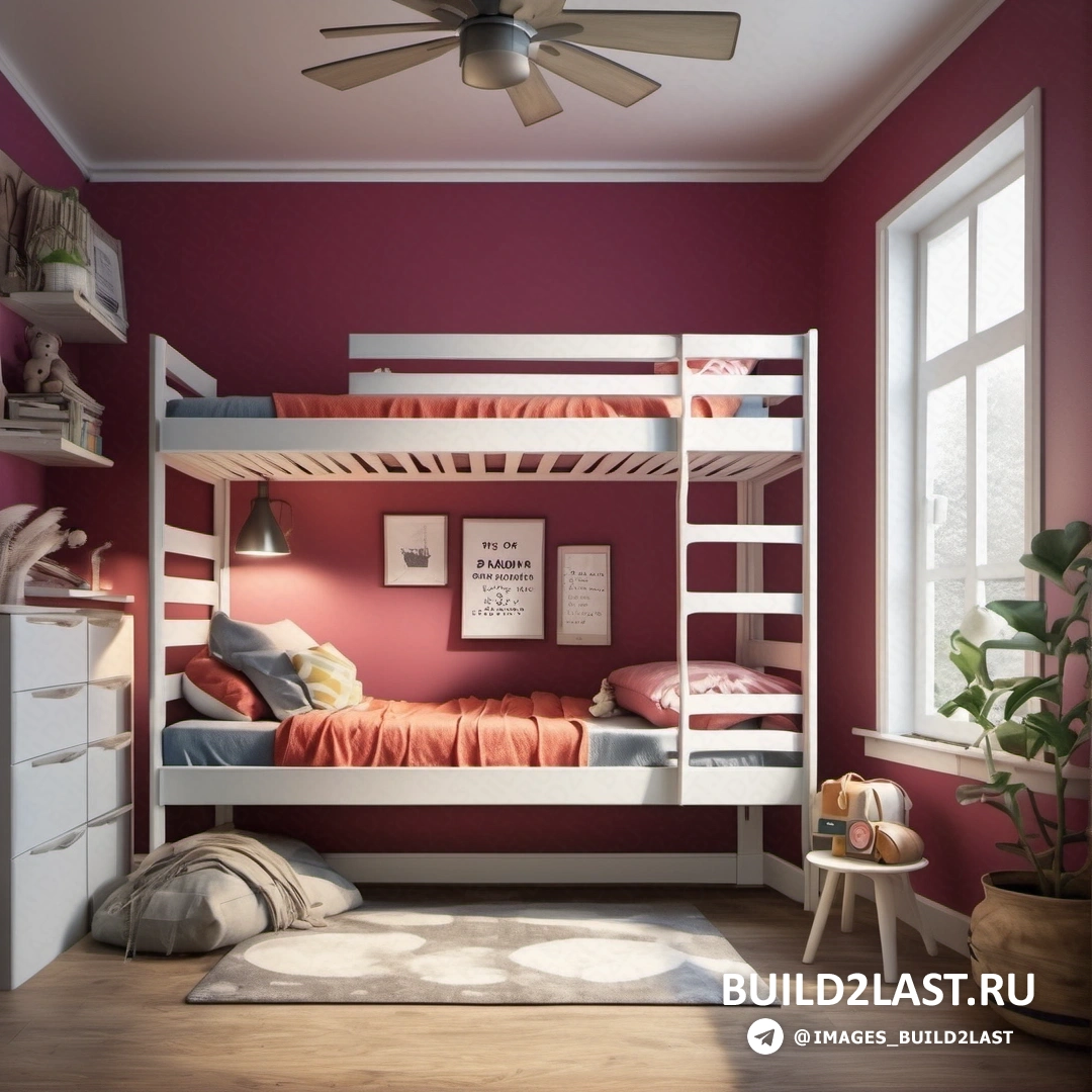 Фотореализм - цифровой рендеринг. Спальня с двухъярусной кроватью, ковриком на полу и потолочным вентилятором в углу комнаты.