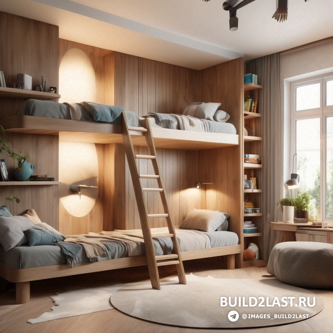 Свет и пространство - 3D рендер. Спальня с двухъярусными кроватями и лестницей посередине комнаты с ковриком на полу.