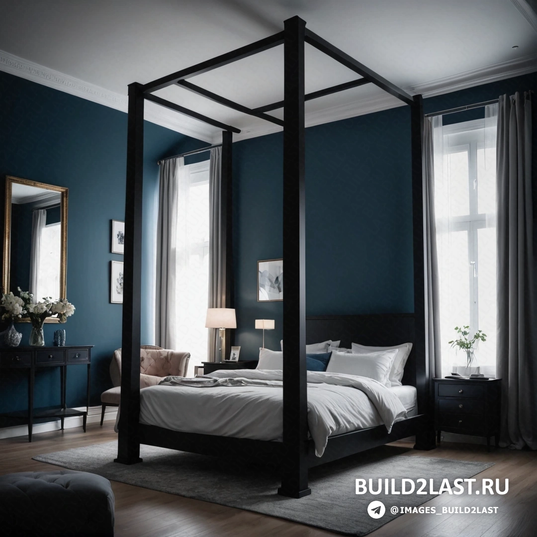 Минимализм - сверхтонкая детализированная живопись. Спальня с кроватью с балдахином и зеркалом на стене над ней и стулом перед ней