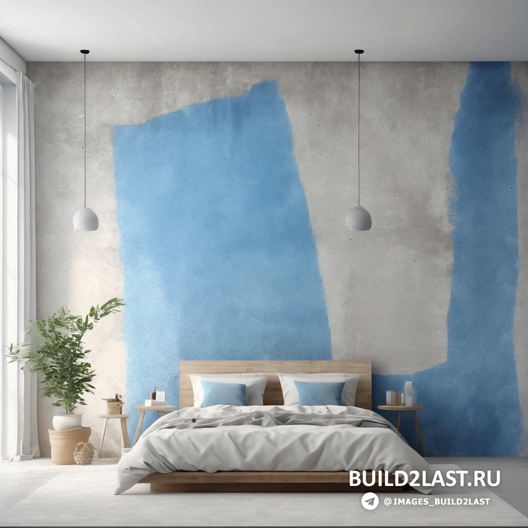 Concrete art - сверхтонкая детальная роспись. Спальня с синей стеной, кроватью с подушками и одеялами и растением в углу.