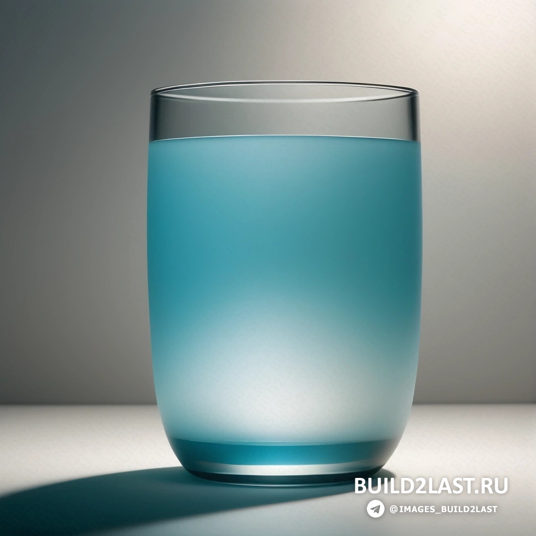 Фотореализм - 3D рендер. Стакан воды на столе с тенью на поверхности и светом, отражающимся от стекла.