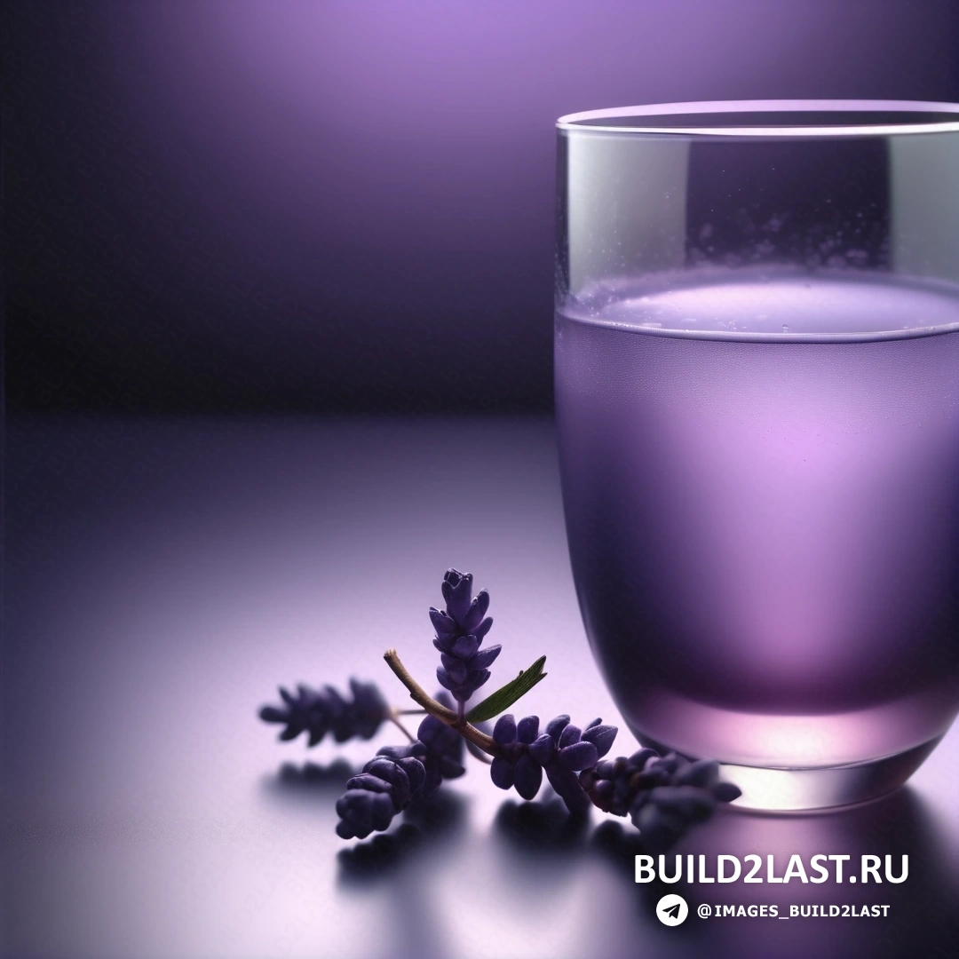 Художественная фотография - компьютерный рендеринг. Стакан воды с фиолетовым веществом рядом и растением лаванды на столешнице.