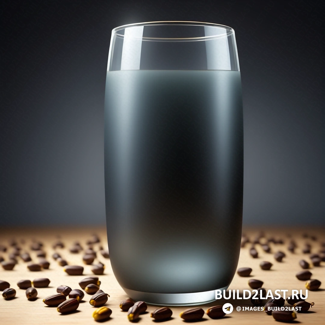 Минимализм - 3D рендер. Стакан воды с орехами вокруг него на столе на темном фоне.