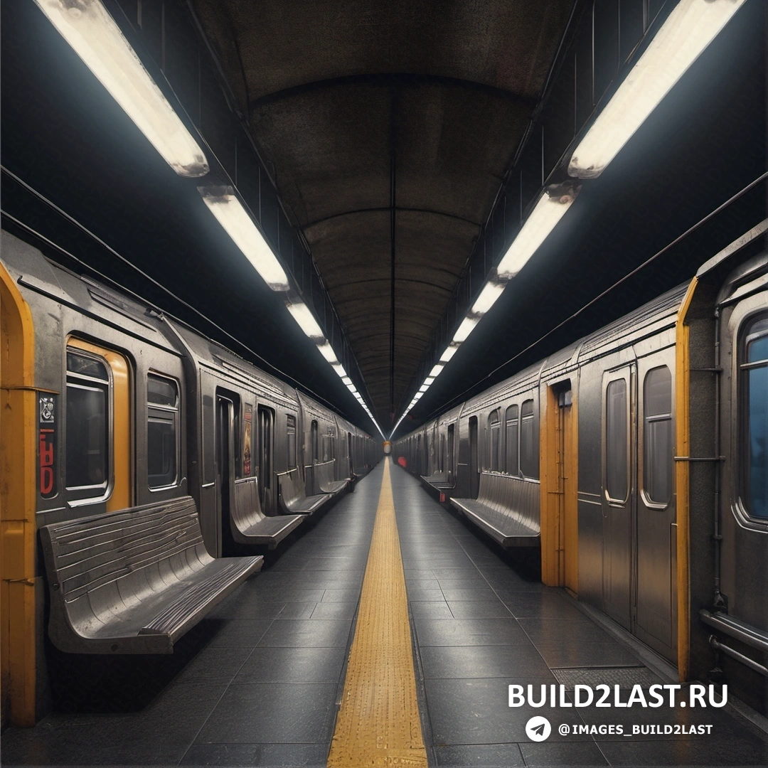 Фотореализм - фотография со сдвигом наклона. Станция метро с двумя припаркованными рядом поездами и платформой с двумя скамейками на ней и желтой линией