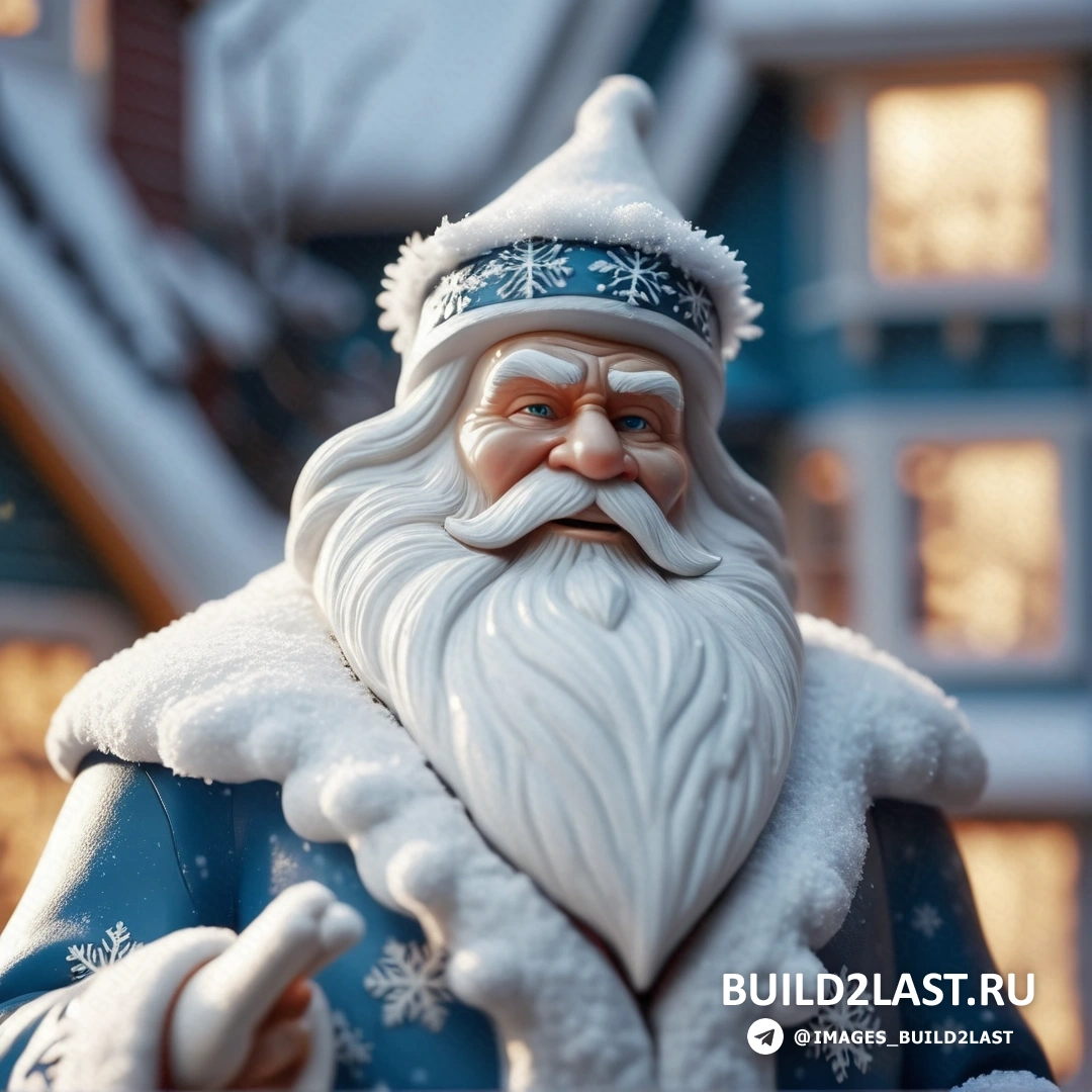 Дед мороз с домом и снегом на лице и руках