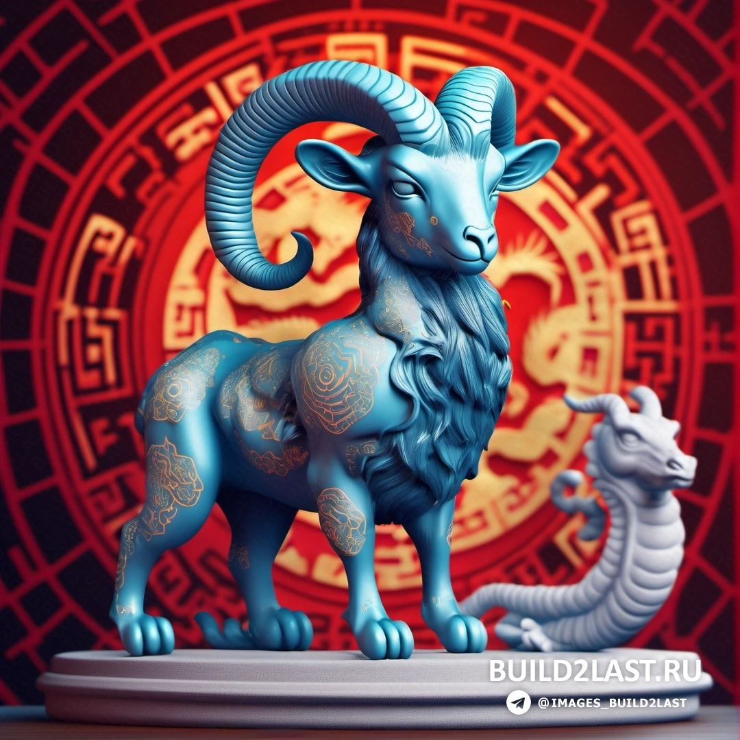 статуя барана и дракона на столе перед красным фоном с круглым узором