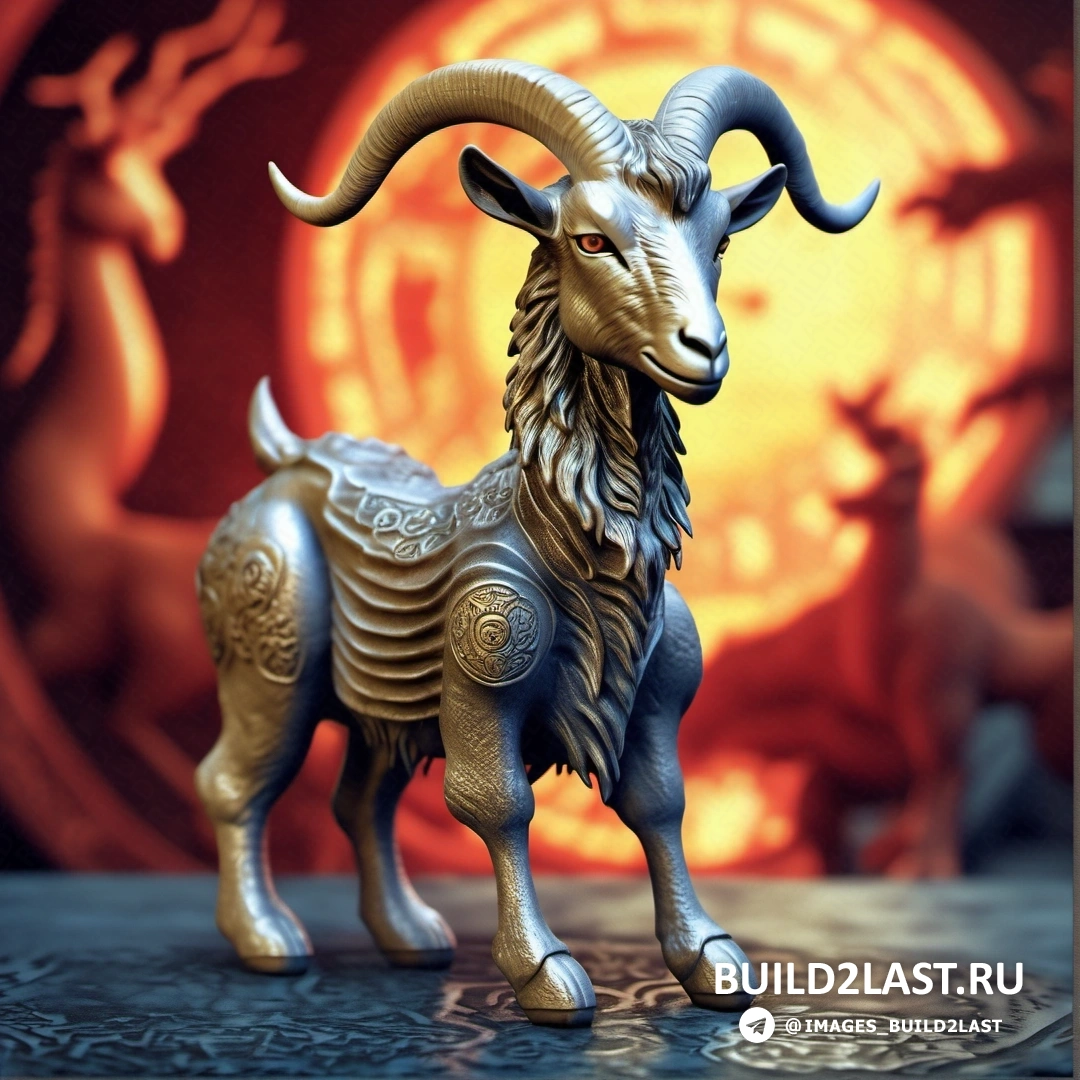 статуя козла с рогами и золотым телом на красном фоне