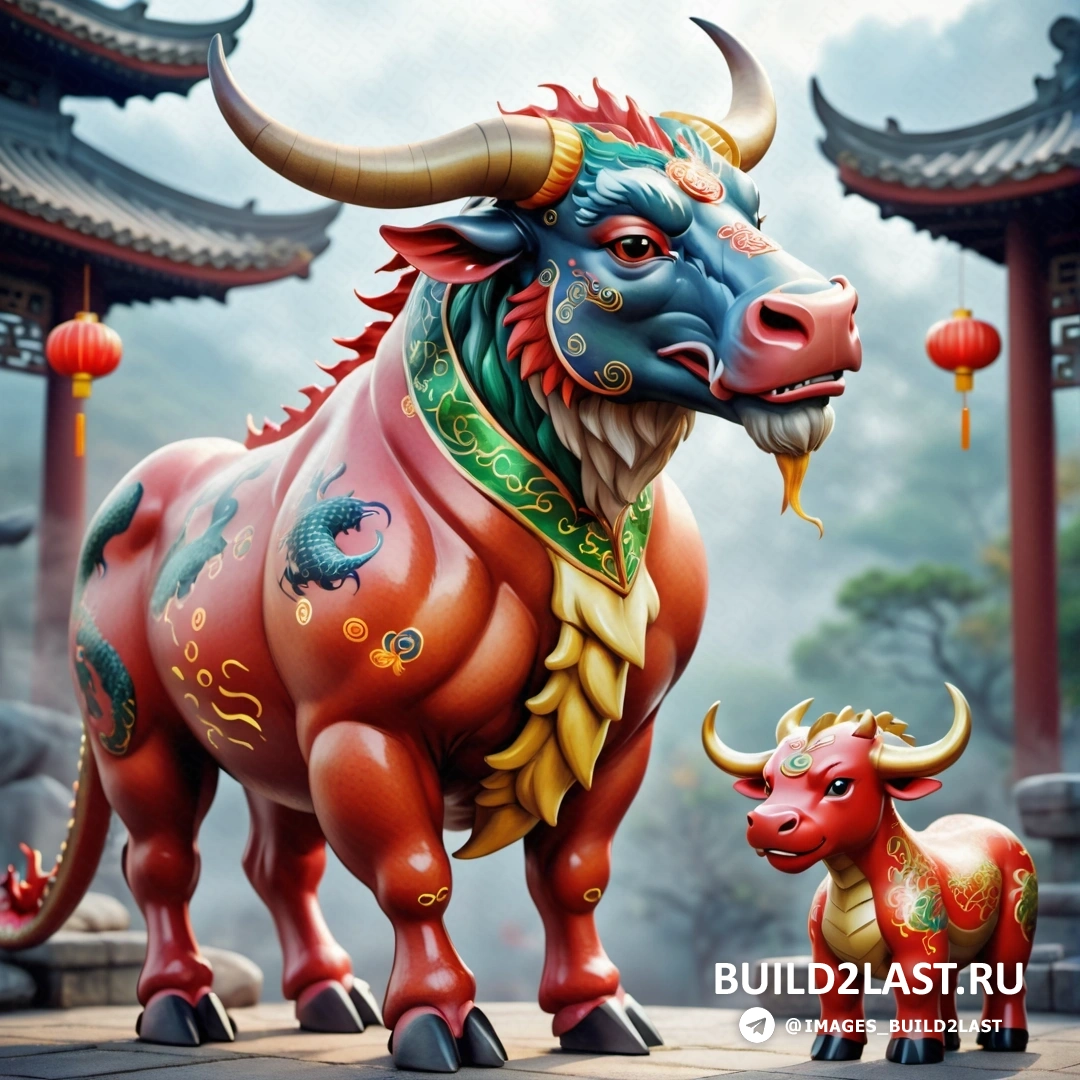 статуя быка и бычка перед зданием с восточным декором на стенах