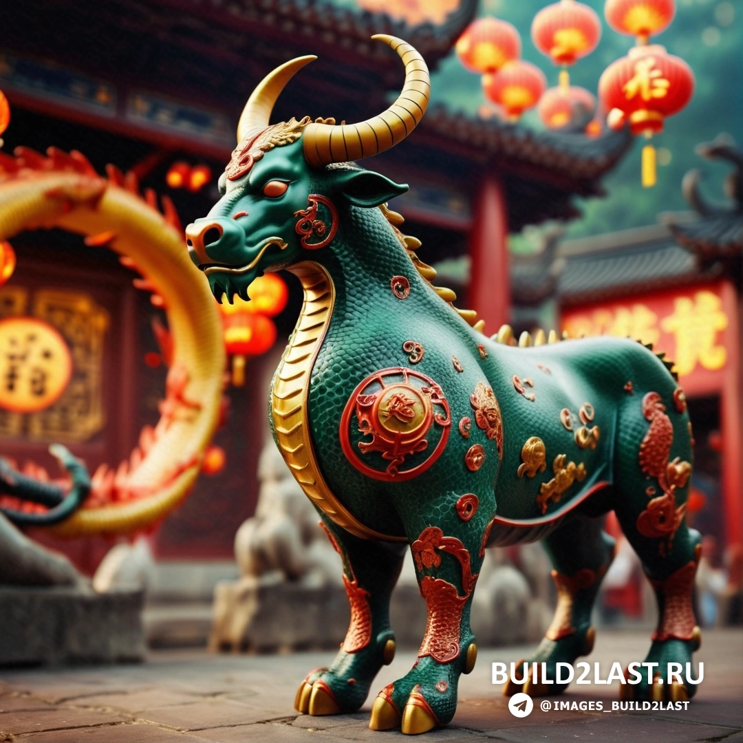 статуя быка с драконом на спине и фонарем с китайскими фонариками