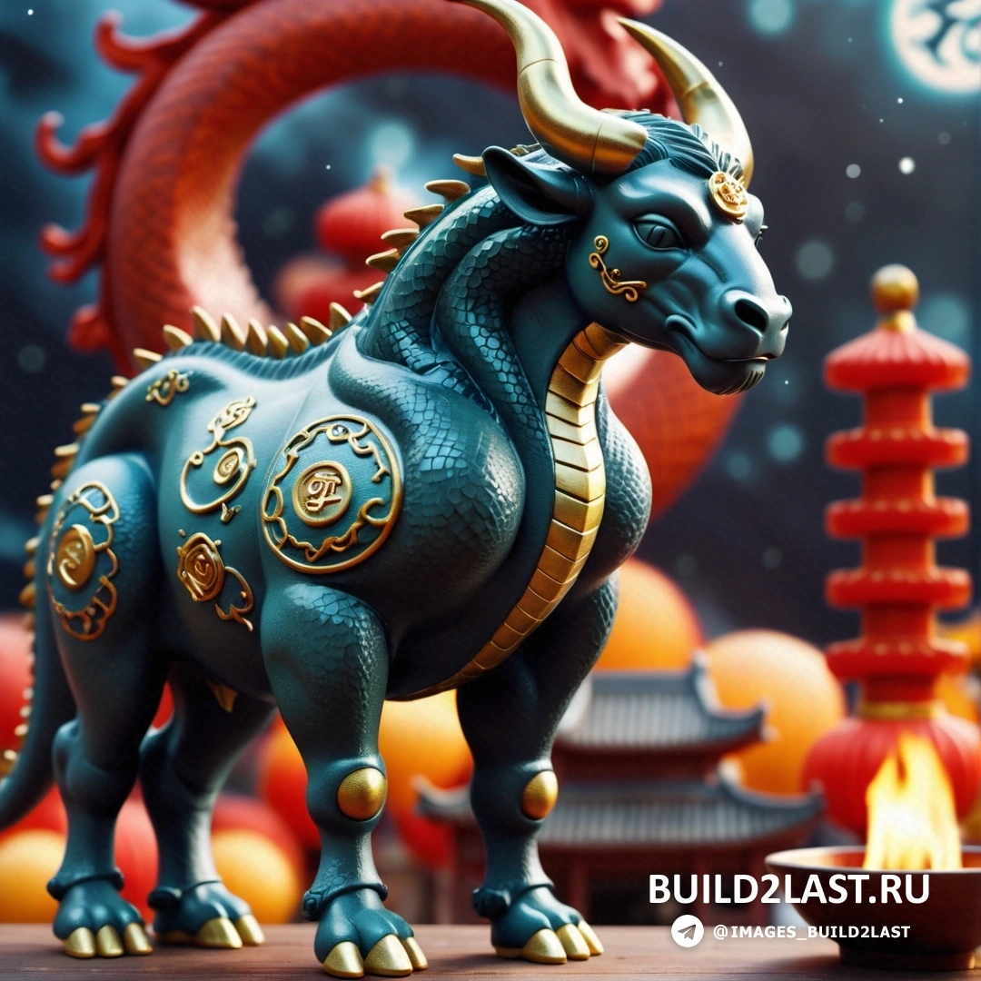 статуя быка с драконом на спине и огненной чашей перед ней