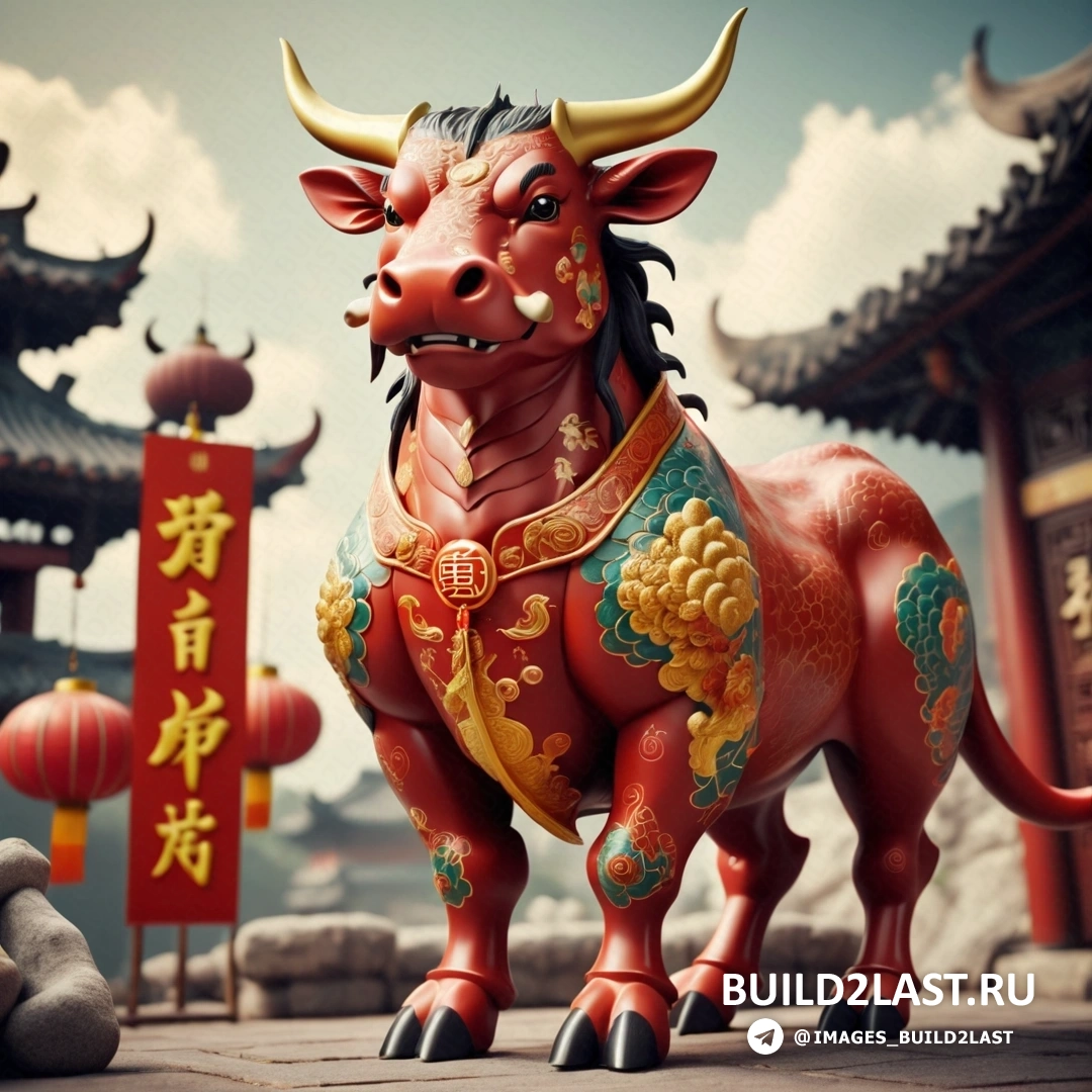 статуя быка с китайской тематикой на теле и красным знаком с китайскими иероглифами