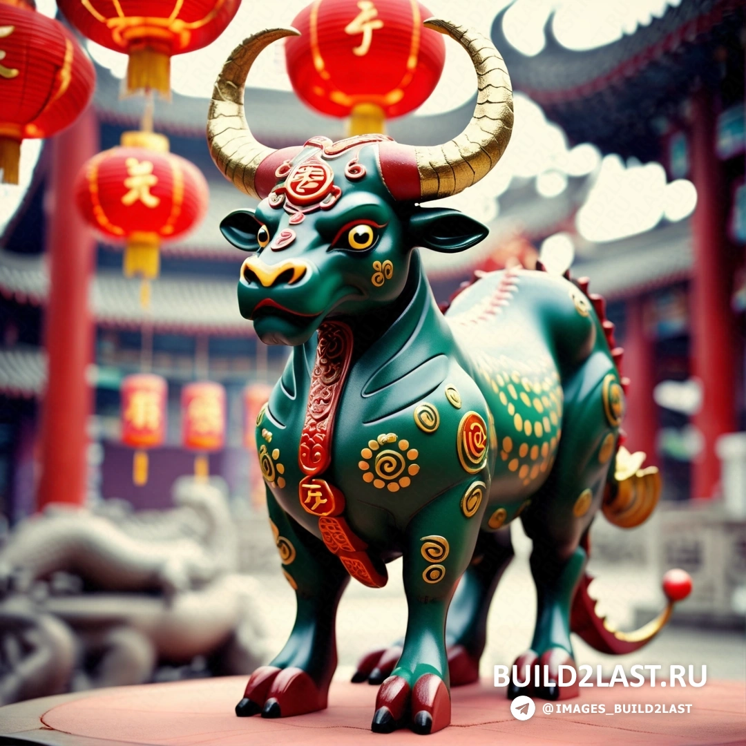 статуя быка с рогами и красной лентой на шее и китайским фонарем