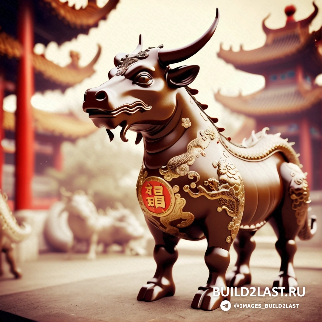 статуя быка с украшением в китайском стиле на спине и зданием