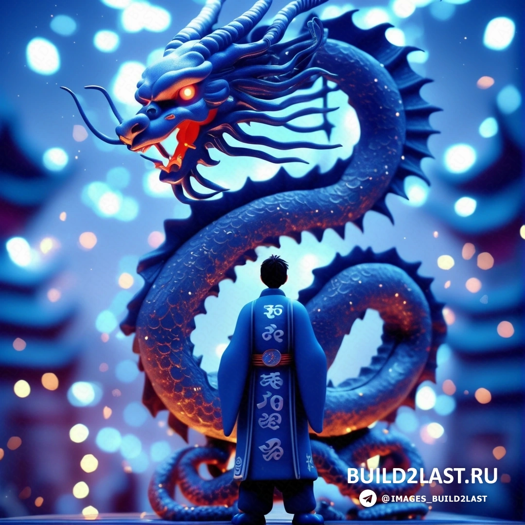 статуя человека, стоящего рядом со статуей дракона в синей комнате с огнями на стенах