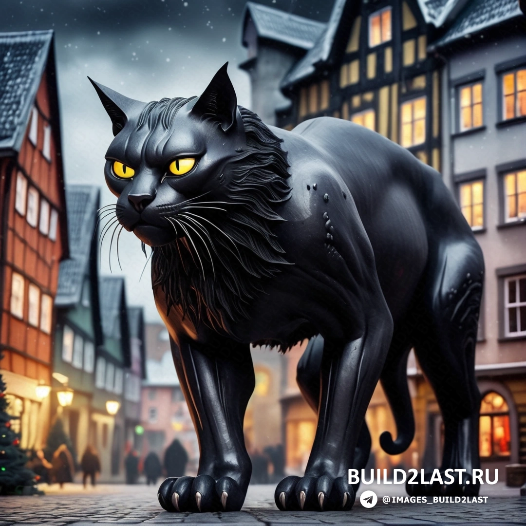 статуя черного кота на городской улице ночью с желтыми глазами