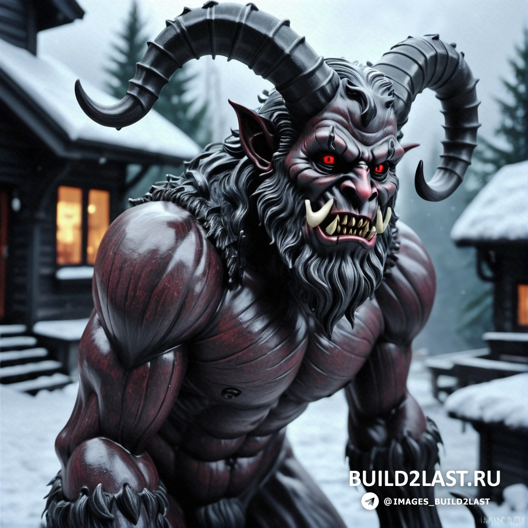 статуя демона с красными глазами и рогами перед хижиной в снегу с заснеженной крышей