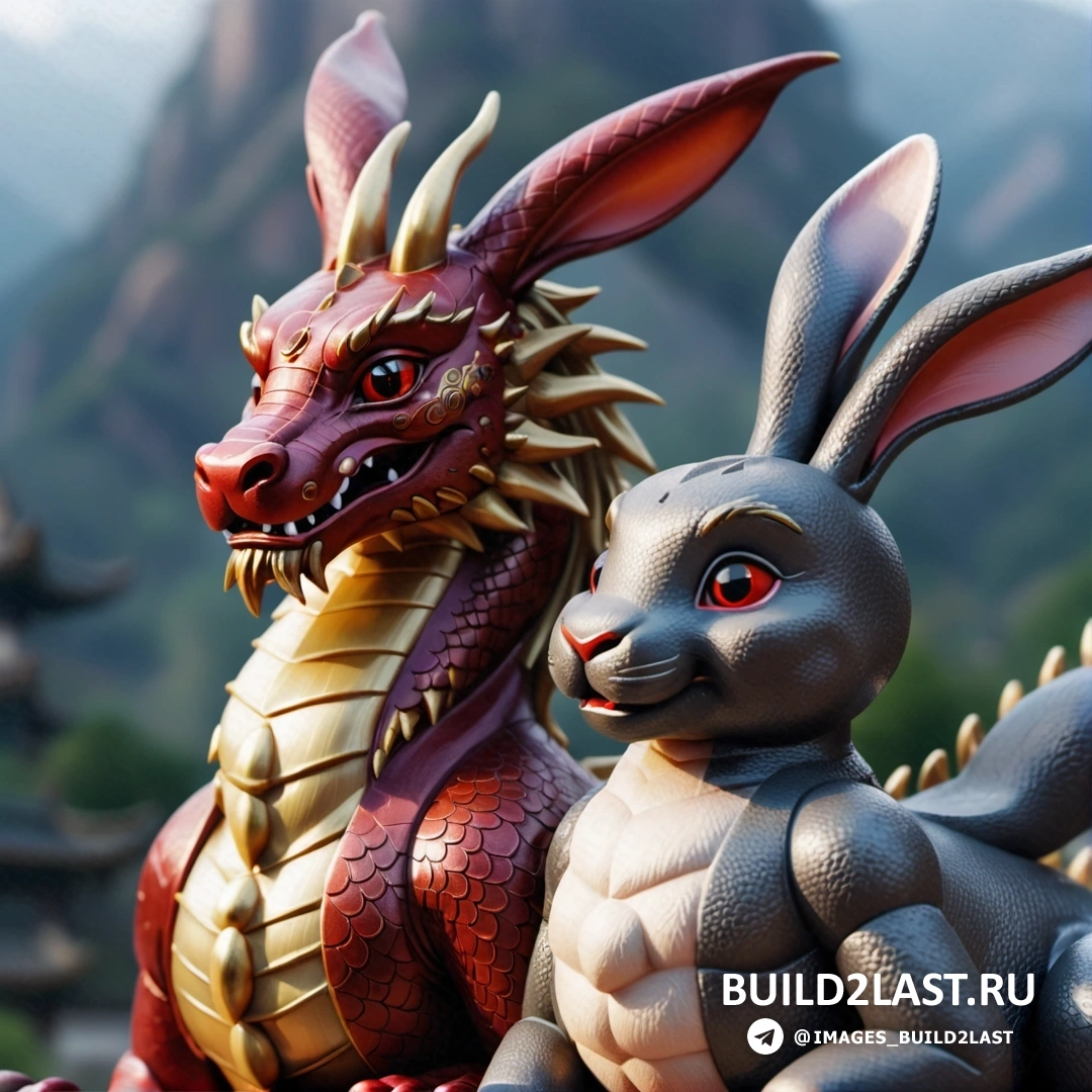 статуя дракона и кролика, рядом друг с другом на каменной стене с горами