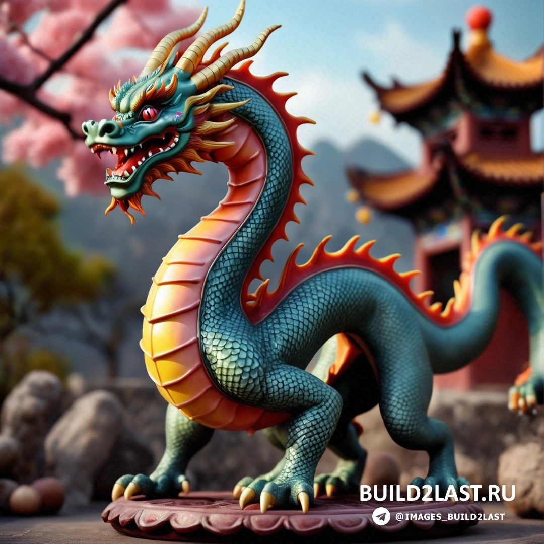 статуя дракона на постаменте перед зданием с цветущей сакурой и горой