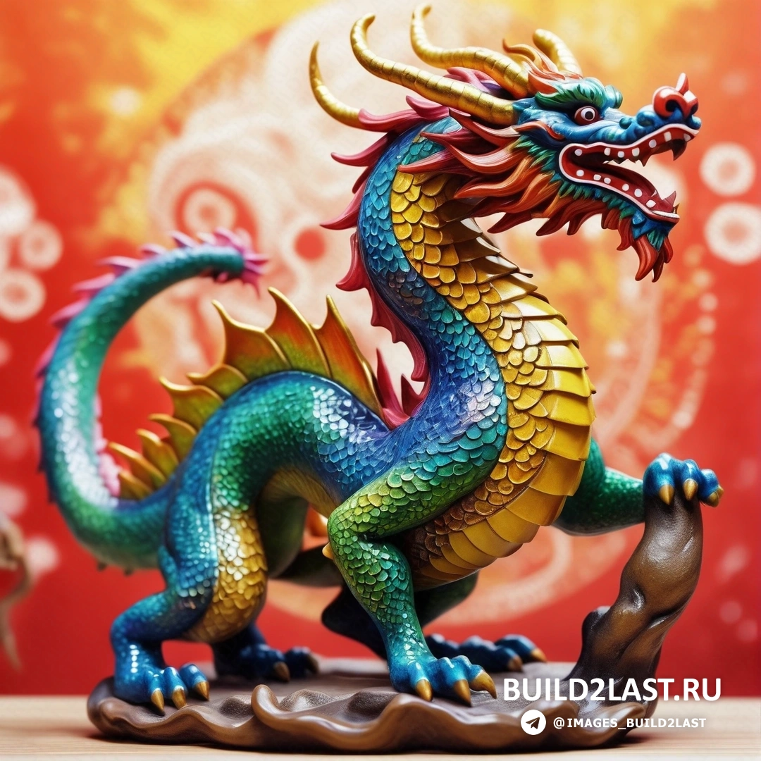 статуя дракона на скале на красном фоне с золотым и синим драконом